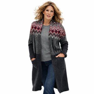 J JILL cardigan sweater duster jacket wool cotton fair isle pockets winter S